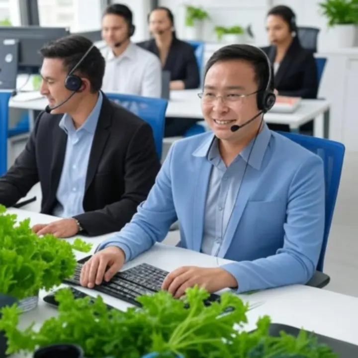 Ügyfélszolgálati csapat munkában asztali számítógépeknél a Moveonixe támogatási központjában